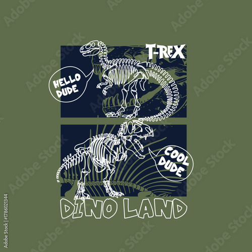 Dino Land skeleton vector kids boys graphic tee design