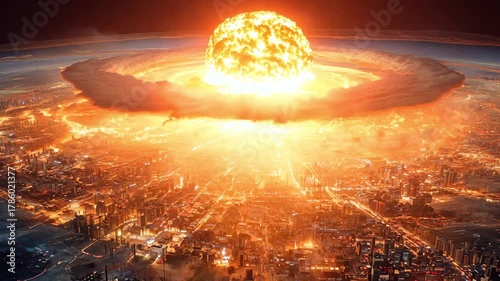 A large nuclear explosion occurs above a city skyline, showcasing the powerful impact and destruction caused in a disaster environment
