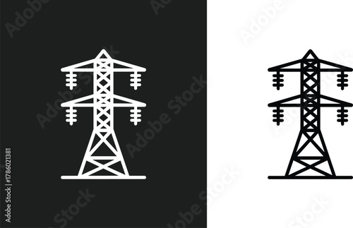 Minimalist black and white illustration of an electrical transmission tower with inverted color contrast design concept