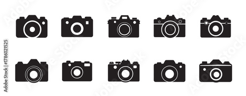 Collection of stylized black and white camera vector icons on a white background