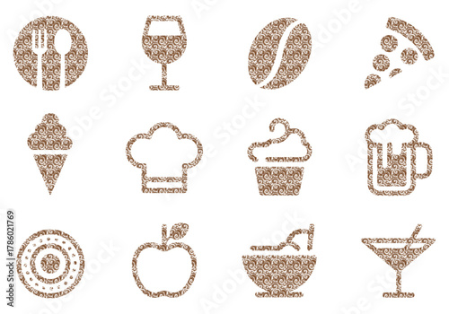Food and Beverage Icons with Decorative Swirl Patterns in Brown