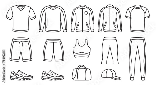 Athletic Apparel and Accessories Line Art Set for Sportswear Design