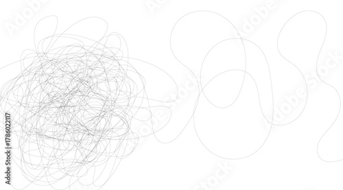 Tangled and untangled threads, a graphical representation showcasing complexity transitioning into simplicity with flowing lines and subtle grey hues on a stark white canvas
