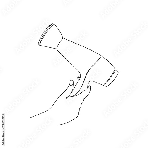 Hand holding hair dryer. Minimalist one line vector illustration for beauty, hair care, spa, salon, fashion design projects.