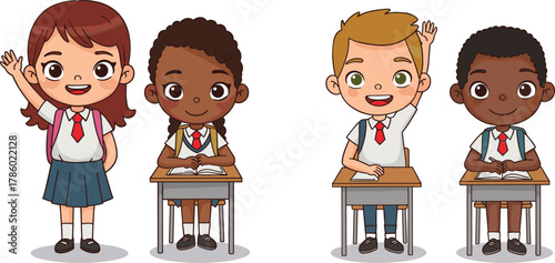 Cartoon school children in classroom, reading books, raising hands, diverse students, education concept, learning environment, school uniform, happy kids