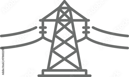 Minimalist black and white line art of a high voltage electricity transmission tower with power lines on a neutral background