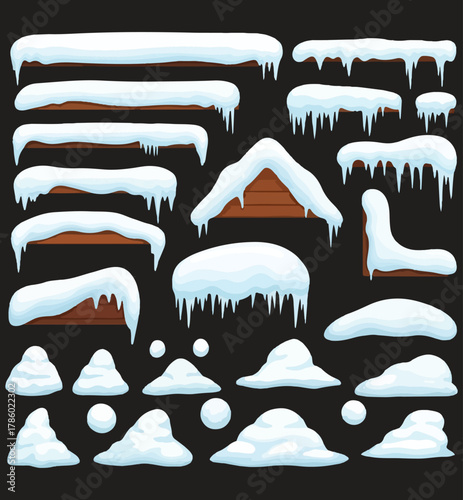 Cartoon Snow Caps, Icicles, Snowdrifts, and Snow Piles Vector Set