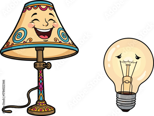 Cartoon lamp and sad light bulb, emotional objects, expressive faces, colorful decor, anthropomorphic illustration, home lighting concept, vector art