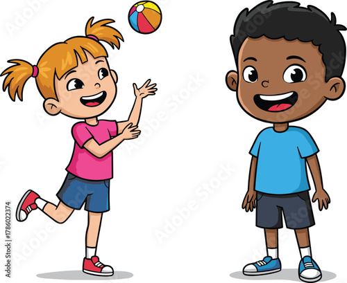 Cartoon kids playing, girl tossing beach ball, boy watching, cheerful pose, colorful outfits, outdoor fun, isolated white background, friendship moment