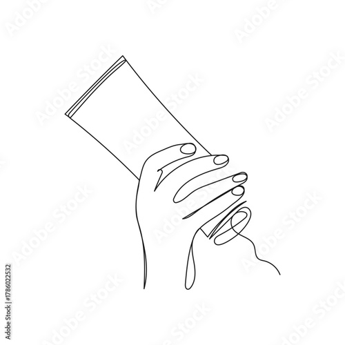 Hands pouring cream or lotion. Minimalist one line art vector for cosmetic, natural skincare branding, beauty, hair care, spa, modern lifestyle design projects.