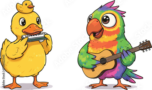 Cartoon duck playing melodica, parrot with guitar, musical animals, colorful feathers, cheerful expression, whimsical illustration, fun music scene