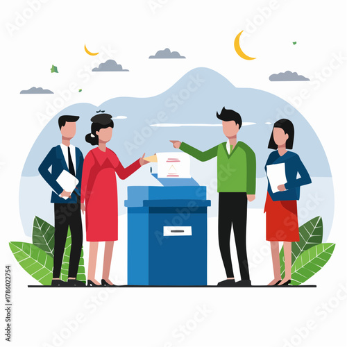 Citizens exercising their right to vote in an election, casting ballots into a secure box, symbolizing democratic participation, civic duty, and collective decision-making