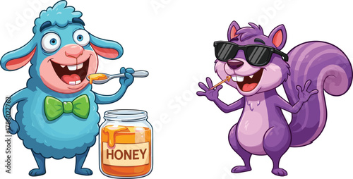 Cartoon blue sheep with honey jar, purple squirrel in sunglasses, funny animal characters, cute illustration, playful scene, colorful background
