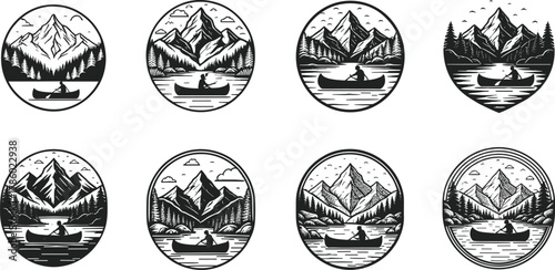Canoe adventure, mountain lake, wilderness exploration, pine forest, scenic nature, tranquil water, outdoor lifestyle, black and white illustration, vintage design, peaceful journey