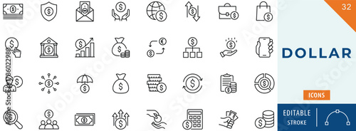 Dollar icon collection set. Editable stroke.
