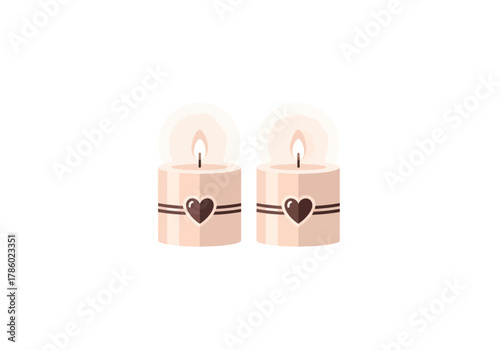 Romantic Decor: A Pair of Burning Cream Candles with Double Ribbon and Dark Brown Heart Emblem