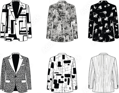 Black and white artistic blazers, abstract fashion design, modern textile patterns, stylish menswear, unique jacket textures, contemporary clothing inspiration