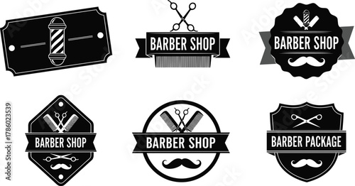 Barber shop logo set, vintage emblem design, scissors, comb, mustache, barber pole, retro style, black and white, branding