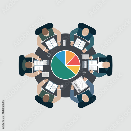 Business roundtable discussion illustration, flat design vector, modern corporate style	