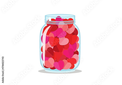 Clear Glass Jar Full of Pink Paper Hearts Illustration Valentine Gift with Silver Lid