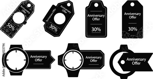 Anniversary sale tags, watch discount graphics, promotional offer labels, black tag design, timepiece theme, limited-time deal, elegant layout