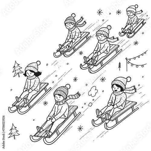 A delightful black and white illustration captures the joyous spirit of children gleefully sledding down a snow-covered hill during a fun chilly day.