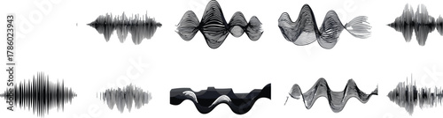 Abstract waveform collection, audio signal visualization, sound wave pattern, frequency graph, black and white design, digital sound art, amplitude spectrum