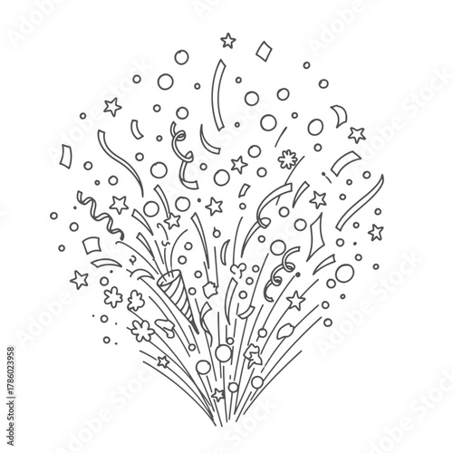 A festive line art illustration portrays a party popper exploding with a delightful burst of confetti, stars, and swirling streamers, embodying joy and celebration.