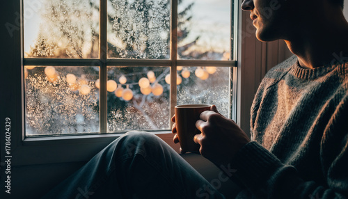 Wallpaper Mural Person gazing out frosty window holding mug, wearing cozy sweater, blurred winter lights outside, peaceful and contemplative mood, warm indoor atmosphere Torontodigital.ca