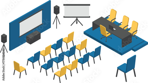 Isometric 3D illustration of modern conference room interior with stage, chairs, projector screen, meeting tables, and presentation setup design