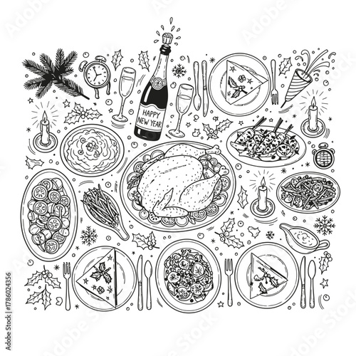 A beautifully hand-drawn illustration captures a lavish holiday feast, complete with a roasted turkey, champagne, and festive decorations, perfect for celebrating the New Year.
