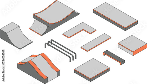 Isometric 3D illustration of modern skatepark ramps and rails, urban sports structure design, extreme skateboarding concept, outdoor recreation architecture elements