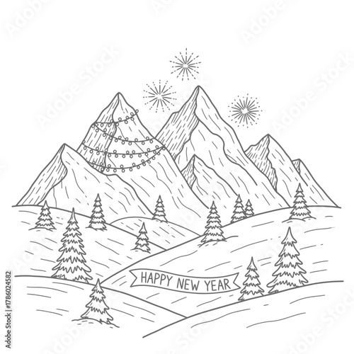 This charming line art illustration depicts a festive winter mountain landscape adorned with twinkling lights and celebratory fireworks, wishing everyone a Happy New Year.