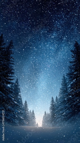 Serene winter landscape with starry night sky