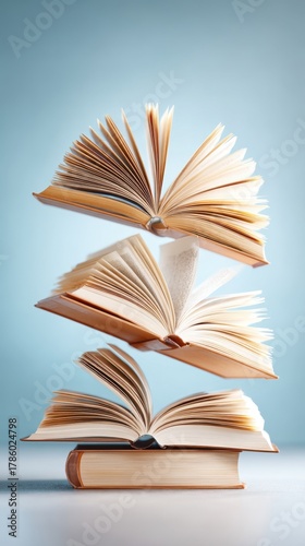 Stacked open books with fanned pages