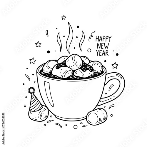 A charming hand-drawn illustration depicts a steaming mug of hot cocoa overflowing with fluffy marshmallows, surrounded by festive New Year's Eve decorations.