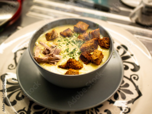 Hot soup presentation, cozy home food