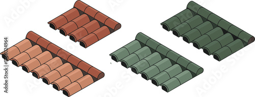 Isometric 3D illustration of roof tiles in different colors, ceramic material, architectural roofing design for construction and building visualization