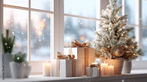 Cozy Christmas scene with gifts and candles