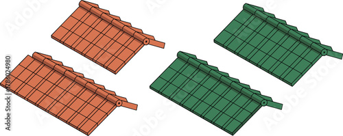 Isometric 3D illustration of roof tiles in different colors, ceramic material, architectural roofing design for construction and building visualization