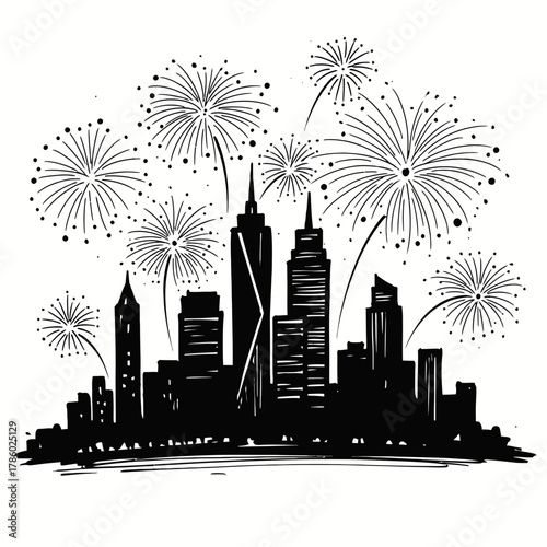 A dramatic black and white illustration captures a vibrant city skyline illuminated by a spectacular display of celebratory fireworks, symbolizing urban festivities and joyful nighttime events.
