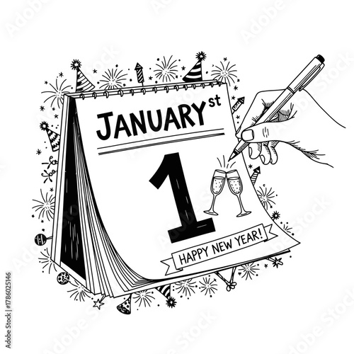 A festive hand-drawn illustration of a calendar page showing January 1st, surrounded by New Year's celebration elements, symbolizing fresh starts and optimism.