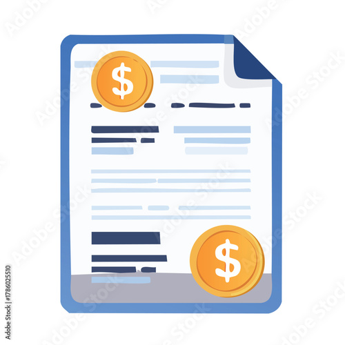 Financial Document with Dollar Coins Illustration.