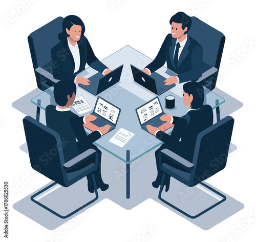 Business roundtable discussion illustration, flat design vector, modern corporate style	