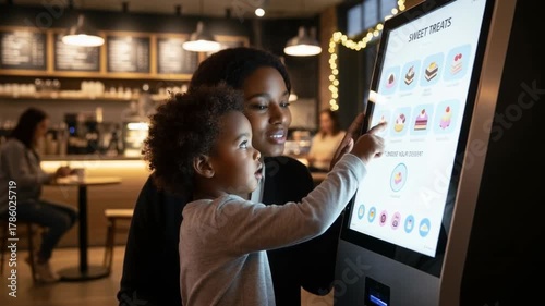 A mother and child interact with a modern touch screen display to select from menu of treats. Capturing the essence of connection and convenience in a vibrant cafe setting.
