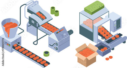 Isometric illustration of automated tomato processing factory, industrial conveyor belt system packaging fresh tomato slices, modern food production and manufacturing technology