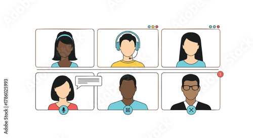 Diverse group of people participating in a video conference call with muted microphones and chat bubbles indicating communication