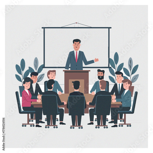 Business roundtable discussion illustration, flat design vector, modern corporate style	