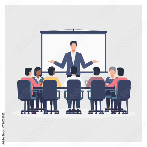 Business roundtable discussion illustration, flat design vector, modern corporate style	