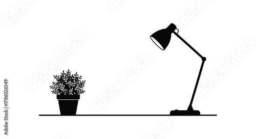 Minimalist black silhouette of a potted plant and a desk lamp on a white background
